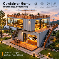 Café-restaurant-bar à deux étages en conteneur, avec façade vitrée, toit ouvert, structure modulaire préfabriquée, taille personnalisée, bâtiment commercial