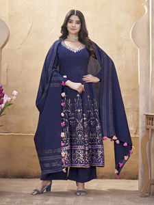 Trajes de estilo Anarkali Salwar Kameez en seda romana con trabajo de espejo y estampado de lámina Diseño elegante de traje paquistaní Anarkali - Product Image 3