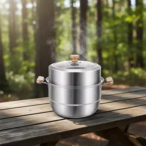 Pentola a Vapore Domestica con Coperchio Combinato a 2 Strati in Acciaio Inox 304 Antiruggine con Manico in Legno, Regalo - Product Image 4