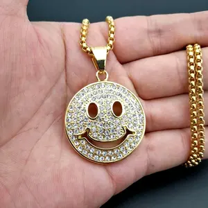 CWN Hiphop stainless steel 18k gold plated jewelry full cz diamond round plate smile face happy necklace