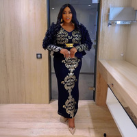 Robe de soirée grande taille pour femme, style africain, col en V, ornée de perles, en fibre de polyester, taille haute, manches longues