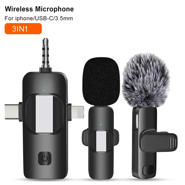 3 in 1 Professional Microphone Wireless Lavalier Lapel Microphone for iPhone Android Camera Noise Reduction Recording Clip Mic