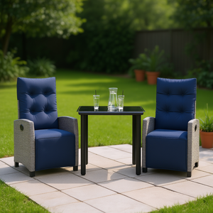 Conjunto de Jardín de Ratán Azul Marino y Gris, 2 Plazas, Estructura de Acero, Resistente a la Intemperie, Muebles de Exterior de Diseño Contemporáneo - Product Image 2