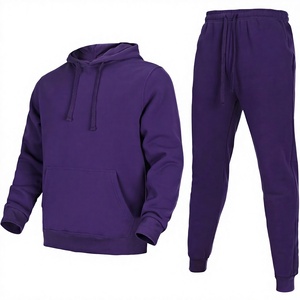 Unisex Printed Heavyweight <b>Purple</b> Hooded Tracksuit Set Solid Color Casual Joggers Full Length Drawstring Closure Winter Wear - Product Image 3