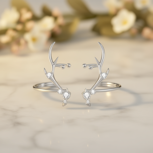 E4332 Orecchini a polsino con corna di cervo in oro bianco con zirconi rotondi incastonati a griffe, gioielli alla moda da donna - Product Image 2