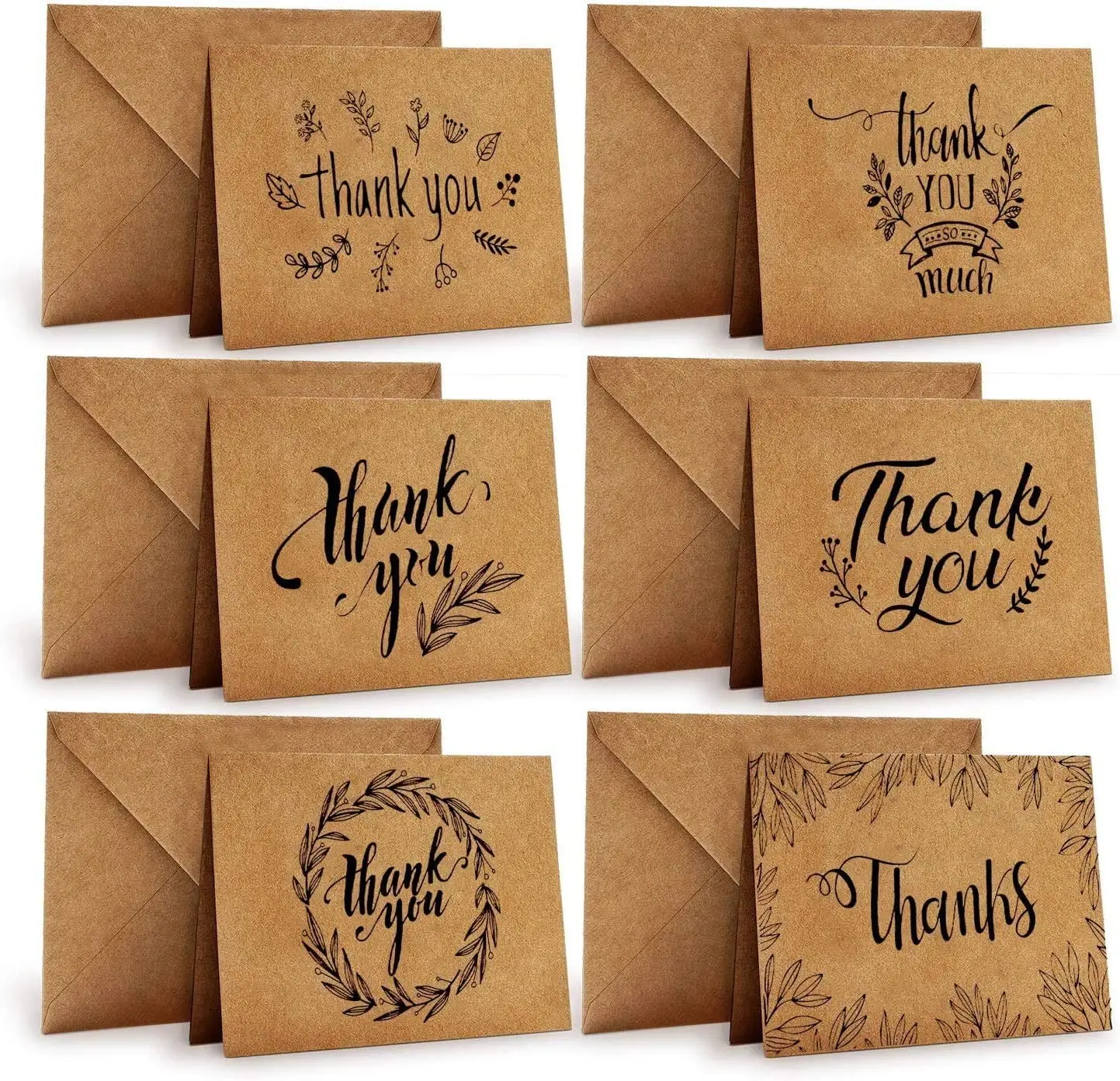 Thank You Cards Of, 36 Pack Brown Kraft Paper 6 Design Of Assorted Thank U Greeting Note Card With Envelopes And Stickers