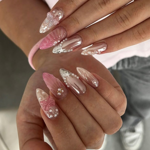 BIN 3D <span class=keywords><strong>Faux</strong></span> <span class=keywords><strong>Ongles</strong></span> Portables Style Français Motif Papillon Forme Amande Courte avec Nœud et Perle pour Nail Art Vente en Gros - Product Image 1