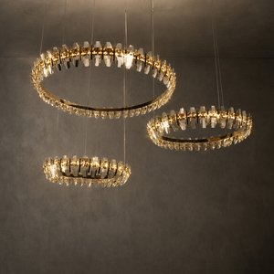Lámpara colgante de cristal de lujo con anillos escalonados, metal dorado pulido, para escalera de villa - Product Image 3