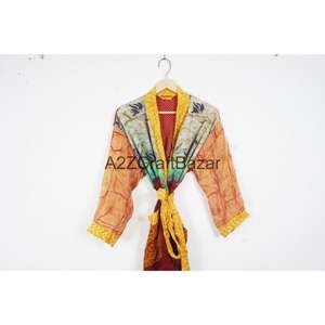 Women's XS Elegant Vintage Floral Silk <b>Kimono</b> Quick Dry Casual Hippie Sari for Spring <b>Beach</b> Wear Bohemian Nightgown for Summer - Product Image 2