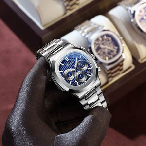 Montres <span class=keywords><strong>chrono</strong></span> pour hommes personnalisées à la mode de luxe avec breloque en acier inoxydable 40mm mouvement à quartz étanche Phase de lune - Product Image 3