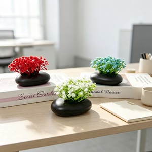 Mini bonsaï artificiel de gypsophile dans un pot plat noir pour la décoration de bureau, couleurs rouge vif, blanc, bleu, rose, jaune, en plastique - Product Image 2