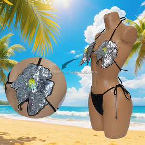 S723 Thời Trang Hai Mảnh Sequin 3D Hoa Màu Đen Bikini Sang Trọng Bộ Bikini Mở Sexy Trở Lại Cô Gái Trẻ Đồ Bơi - Product Image 3