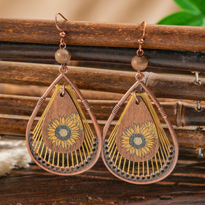 Original Design Bohemia Wooden Water <b>Drop</b> Earrings Antique <b>Bronze</b> Plated Handmade Sunflower Pattern Women's Fashion Jewelry - Product Image 4