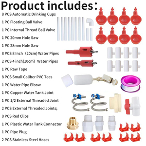 Nouveau kit de système d'abreuvement automatique pour volailles de 48 pièces, avec 8 abreuvoirs rouges à tétine, accessoires complets pour abreuvoirs de volailles, valve flottante et <span class=keywords><strong>tuyau</strong></span> - Product Image 1
