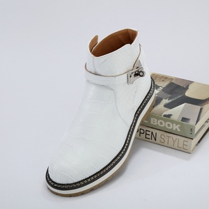 White Alligator Skin Ankle <b>Boots</b> for Men – Casual High Top Derby Shoes with Metal Buckle - Product Image 1