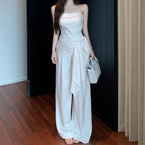 Conjunto de Top Corto sin Tirantes Blanco Vintage y Pantalones Anchos de Gasa para Mujer, Estilo Casual de Verano, Tela de Poliéster - Product Image 1