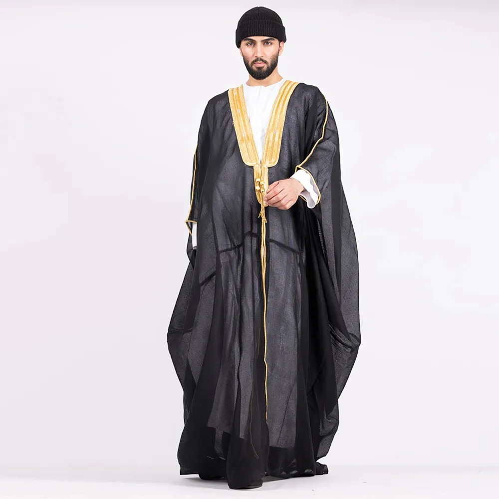 Shaiq Tekstil Berputar Poliester Hitam Qatar Khaleeji Jubba Muslim Pria Kurta Piyama Arab Thobe Islam Kain Bisht Jubah Arab