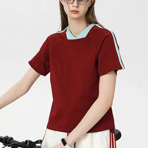 T-shirt court rayé 260gsm à col en V pour femmes, coupe ajustée surdimensionnée - Product Image 3