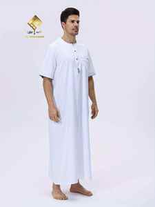 Al Haramain <b>Men's</b> White Cotton <b>Thobe</b> Short Sleeve Round Neck Floor Length Loose Fit Prayer Robe Middle East Style sweet <b>men</b> - Product Image 4