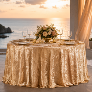 Wholesale Champagne Crushed Velvet <b>Round</b> <b>Tablecloth</b> for Seaside Wedding Resort Event Rental - Product Image 1