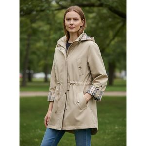 Abrigo tipo trench beige para mujer, tallas grandes 42-52, chaqueta con capucha para primavera, 80 cm, forro a cuadros, cremallera y botones a presión. - Product Image 1