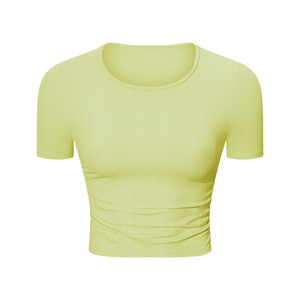 DS374 Damen Geripptes Strukturiertes Crop-Top mit Geraffter Taille Kurzarm Hochelastisch Naked-Feel Slim Fit Yoga-Oberteil - Product Image 1