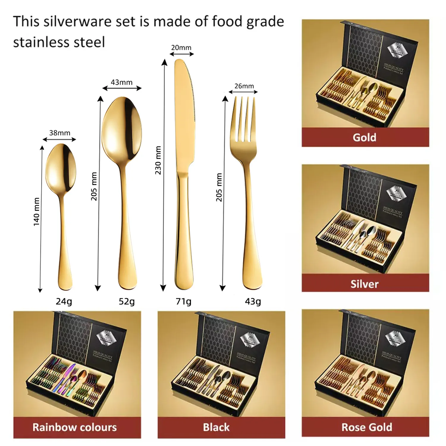 Set QZQ Hot Sale Gold Besteck Set With Gift Box Mirror Metal Wedding Stainless Steel 24pcs Cutlery Set