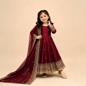 Robe traditionnelle indienne pakistanaise pour filles, couleur marron, avec broderie, dupatta, longueur au sol, coupe ample, tenue de mariage - Product Image 1
