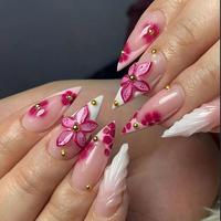 Ongles artificiels faits main en acrylique, à pression, couvrance totale, longs, forme Stiletto, motif pois rouge nude, fleur rose 3D, perles dorées, romantiques