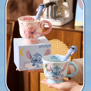 Ensemble de tasses en céramique Lilo & Stitch pour couple, motif dessin animé, mignonnes, 3D, avec cuillère, cadeau de Saint-Valentin - Product Image 4