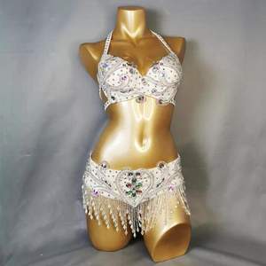 Costume de danse du ventre pour femmes en polyester avec perles et cristaux, ensemble 2 pièces, soutien-gorge et ceinture, carnaval, sexy, danse du ventre, en stock - Product Image 5