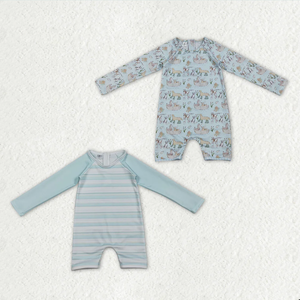 Trajes de Baño de Manga Larga con Cremallera Trasera para Bebés Hermanos, con Diseño de Perros Pescando - Product Image 1