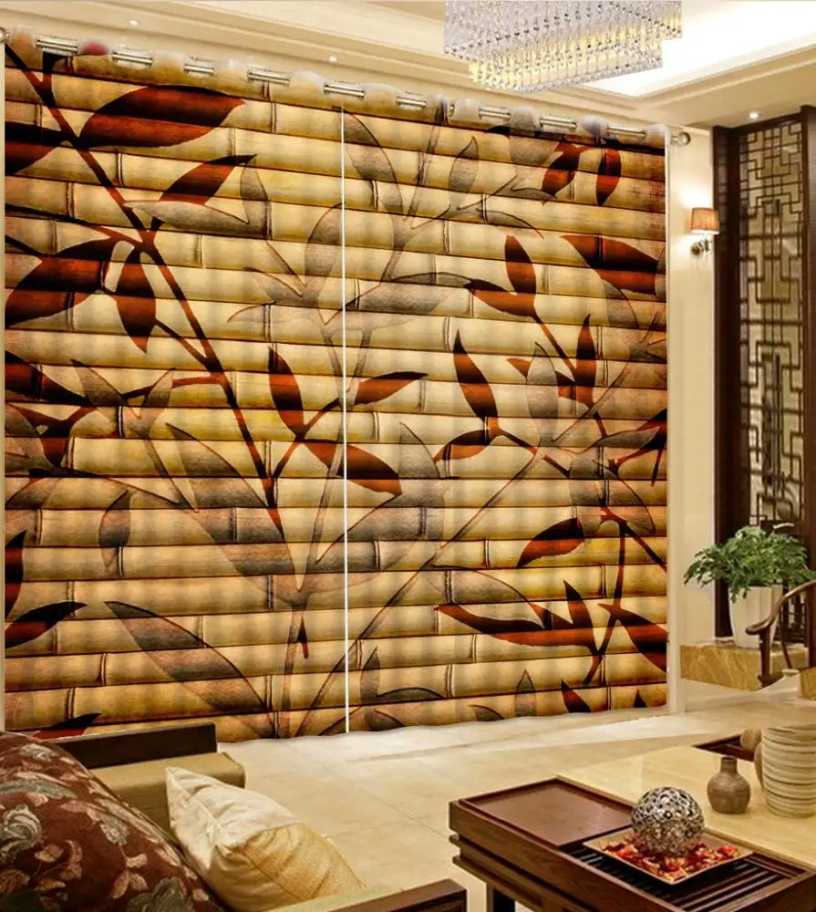 3D perde baskı karartma Polyester fotoğraf kumaş odası yatak odası pencere, bambu desen klasik ev dekor/