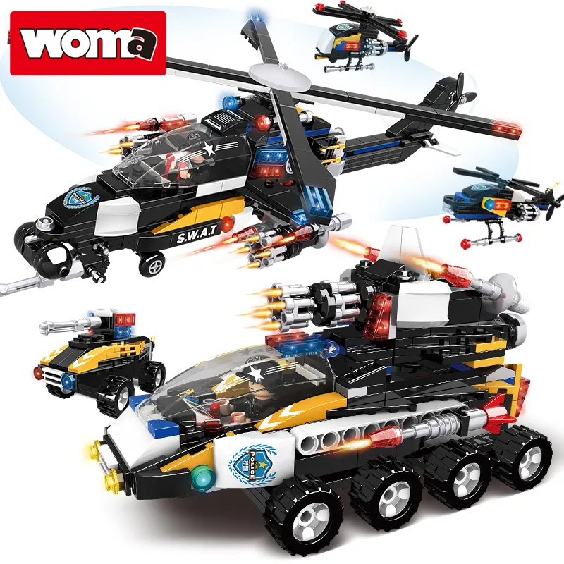WOMA TOYS Kids City Police Helicopter SWAT Team Car Fighting Submarine Plastic Building Block Brick Set Construction Toy