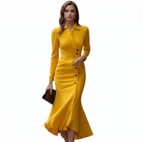 Robe Blazer Jaune Moutarde Élégante pour Femme, Manches Longues, Col Cranté, Coupe Sirène Moulante, Longueur Midi, Idéale pour le Bureau et les Occasions Formelles, Personnalisable OEM/ODM