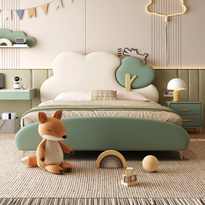Letto per Bambini Moderno Minimalista in Pelle, Struttura in Legno Massello, Imbottito, di Piccole Dimensioni - Product Image 2