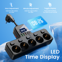 Multiprise européenne 5 prises Schuko 3 USB-A 2 Type C 15W avec affichage de l'heure et interrupteurs individuels, rallonge pour la maison