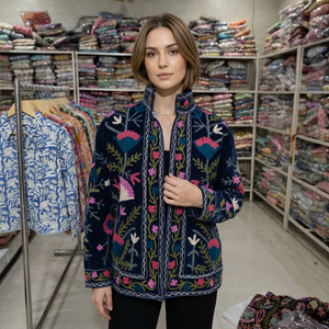 Women's O-Neck Full Sleeve Breathable <b>Velvet</b> <b>Jacket</b> Hand Drawn Printed Floral & Stripe Pattern Cotton Lining Autumn Prairie Chic - Product Image 1