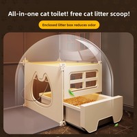 Rumah Kucing Mewah Modern dari Plastik Solid Terintegrasi dengan Kotak Pasir, Kandang Kucing Dalam Ruangan Multi-Fungsi dengan Tombol