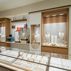 Armoire de présentation en verre luxueux avec cadre doré, éclairage LED, forme d'arc, dimensions personnalisables et résistante - Product Image 5