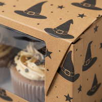Boîte à cupcakes en kraft personnalisée avec impression de chapeau de sorcière d'Halloween, boîte à cupcakes en papier avec fenêtre, emballage de boulangerie écologique en gros