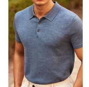 Men's 100% Merino Wool Embroidered Logo Polo T Shirt Short Sleeve Knitted Plain Polo Shirt