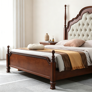 Traditional Queen Size Upholstered Bed Frame with Faux Leather Headboard and Mahogany Wood Frame - Product Image 5