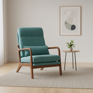 Sillón de Madera Maciza con Respaldo Alto, Tapicería de Lino Verde Azulado, Estilo Moderno de Mediados de Siglo, para Sala de Estar - Product Image 2