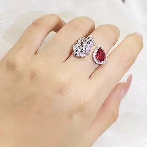 Water Drop Gemstone Red Cubic Zirconia Crystal Copper Ring One Size Fits All Open Adjustable Wide Ring Women Wedding Accessories
