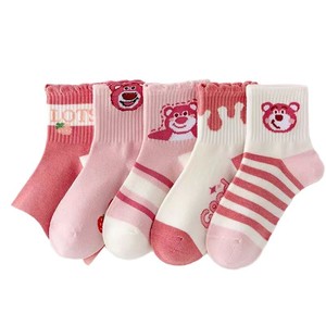 Children's Mid-Calf <b>Socks</b> Pink Strawberry <b>Bear</b> Anti-Slip Toddler <b>Socks</b> For Girls Spring Autumn Wear - Product Image 5