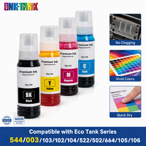 INK-TANK 70ml 544 003 001 103 522 502 102 104 <span class=keywords><strong>664</strong></span> 105 106 673 Bouteille d'encre compatible de qualité supérieure pour imprimante <span class=keywords><strong>Epson</strong></span> <span class=keywords><strong>EcoTank</strong></span> - Product Image 1