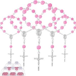 Pulsera de Rosario con Flores de Rosa Rosa, Brazalete con Cruz Hecho a Mano con Aguja Curva, Pulsera <span class=keywords><strong>para</strong></span> Fiesta de <span class=keywords><strong>Bautizo</strong></span> con Embalaje en Bolsa de Organza - Product Image 5