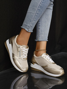 Baskets compensées pour femmes avec fermeture éclair latérale et paillettes, chaussures de marche décontractées - Product Image 5