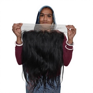 Extensiones de Cabello Humano Virgen Natural Indio 13*4 Frontal Largo Liso Doble Trama Cosido a Máquina Cabello Negro Sedoso - Product Image 1